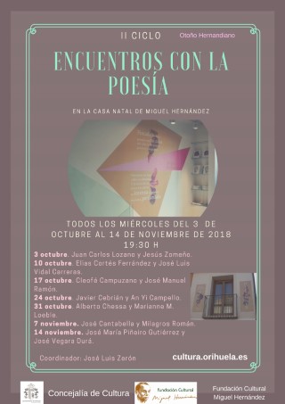 Arranca el II Ciclo 'Encuentros con la poesía', con los poetas ilicitanos Juan Carlos Lozano y Jesús Zomeño, el miércoles 3 de octubre dentro del 'Otoño Hernandiano' de Orihuela