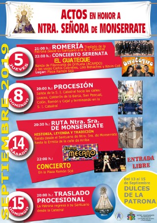 La Concejalía de Turismo y Festividades de Orihuela homenajea a la Virgen de Monserrate con numerosos y variados actos en sus fiestas patronales desde el jueves 5 de septiembre