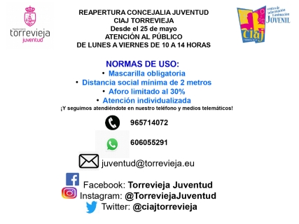 Reabierta desde hoy, lunes 25 de mayo, por la Concejalía de Juventud la oficina del CIAJ para la atención presencial de los jóvenes de Torrevieja durante la Fase 1 de la desescalada de la crisis sanitaria del coronavirus