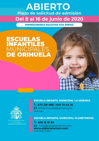 La Concejalía de Educación de Orihuela abre el próximo lunes 8 de junio el plazo para la solicitud de admisión del nuevo alumnado en las escuelas infantiles municipales para el curso 2020/2021