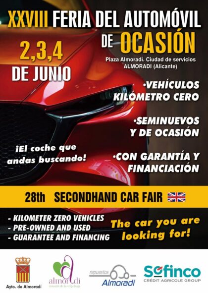 Almoradí, evento: XXVIII Feria del Automóvil de Ocasión con ocho concesionarios y alrededor de 400 vehículos nuevos, seminuevos y kilómetro 0, organizada por la Concejalía de Comercio y Fomento
