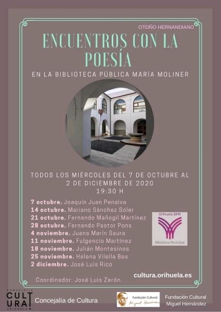 Orihuela: Sesión para adultos de 'Encuentros de poesía', con el autor Joaquín Juan Penalva, en el 'Otoño Hernandiano', dentro de las actividades de la Biblioteca 'María Moliner'