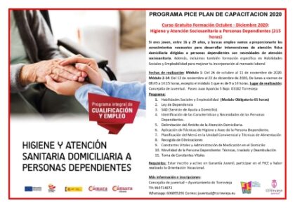 Torrevieja: Inscripciones al curso de Higiene y Atención Sanitaria Domiciliaria a Personas Dependientes, dentro del Programa PICE del Plan de Capacitación 2020