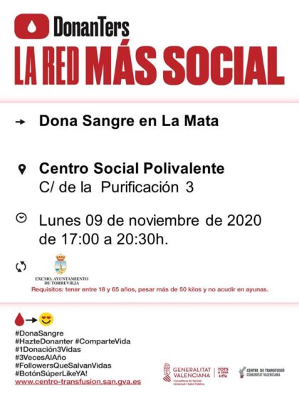 La Mata de Torrevieja, evento: Donación de sangre, organizada por el Centro de Transfusiones de la Comunidad Valenciana