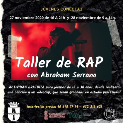 Pilar de la Horadada, evento: Taller gratuito de rap, por Abram Serrano, dirigido a jóvenes de 12 a 30 años, dentro de las actividades de ocio educativo 'Jóvenes Conecta2'