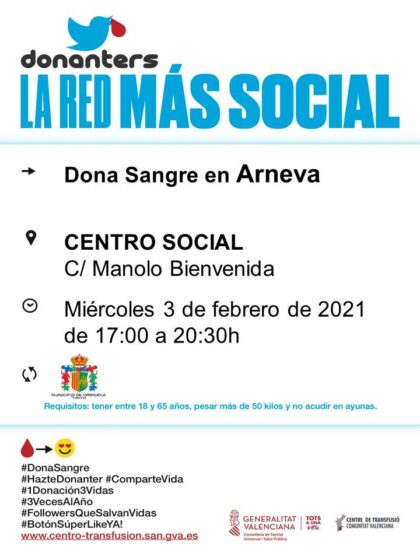 Arneva de Orihuela, evento: Donación de sangre, organizada por el Centro de Transfusiones de la Comunidad Valenciana