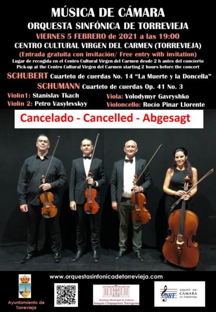 Torrevieja, evento cultural: APLAZADO al VIERNES 5 de MARZO Concierto 'Cuarteto por Schubert', por el grupo de cámara de la Orquesta Sinfónica de Torrevieja, dentro del programa del primer semestre de 2021