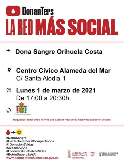 Orihuela Costa, evento: Donación de sangre, organizada por el Centro de Transfusiones de la Comunidad Valenciana