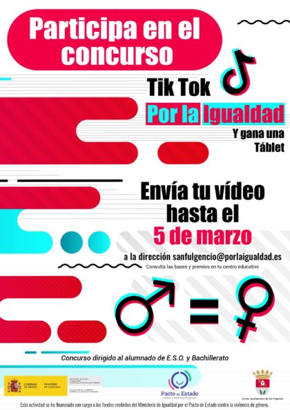 San Fulgencio, evento 'on line': Inscripción en el concurso de vídeos 'Tik Tok por la igualdad' para el alumnado de Educación Secundaria y Bachillerato de la localidad, dentro de los actos del Día Internacional de la Mujer