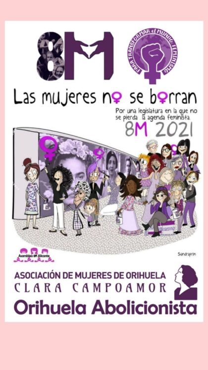 Orihuela, evento: Marcha-performance con lectura de manifiestos y colocación de pancarta para reivindicar igualdad y derechos de las mujeres en el Día Internacional de la Mujer, organizada por la asociación de mujeres 'Clara Campoamor'