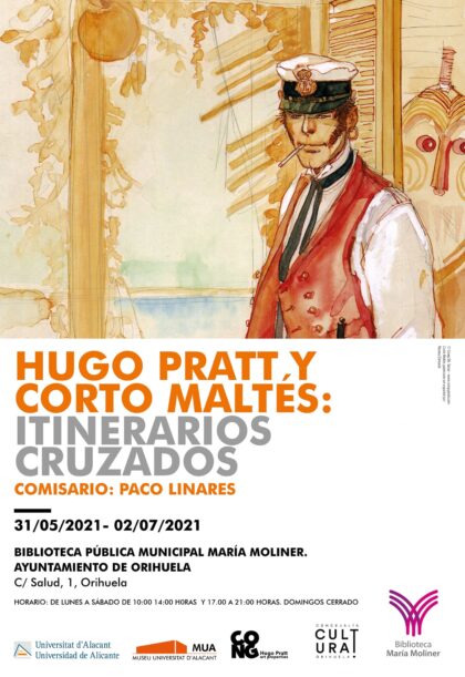 Orihuela, evento cultural: Exposición 'Hugo Prats y Corto maltés: itinerarios cruzados', dentro de la programación cultural 2021 de la Biblioteca Municipal ‘María Moliner’