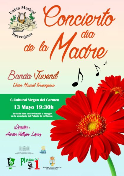 Torrevieja, evento cultural: Concierto del día de la madre, por la banda juvenil de la Unión Musical Torrevejense, organizado por el Instituto Municipal de Cultura ‘Joaquín Chapaprieta’, dentro de la programación del primer semestre de 2021