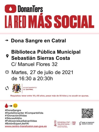 Catral, evento: Donación de sangre, organizada por el Centro de Transfusiones de la Comunidad Valenciana