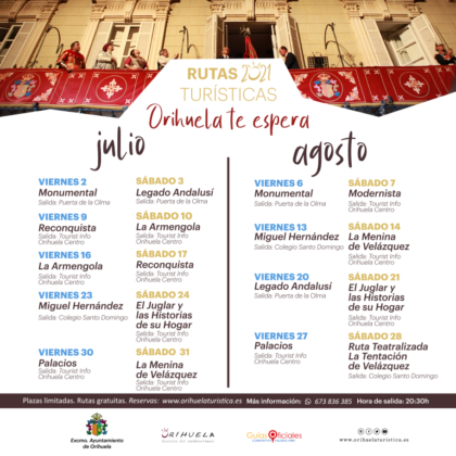 Orihuela, evento: Inscripción a las rutas turísticas guiadas y gratuitas de julio y agosto 2021 'Orihuela te espera', organizadas por la Concejalía de Turismo y Festividades