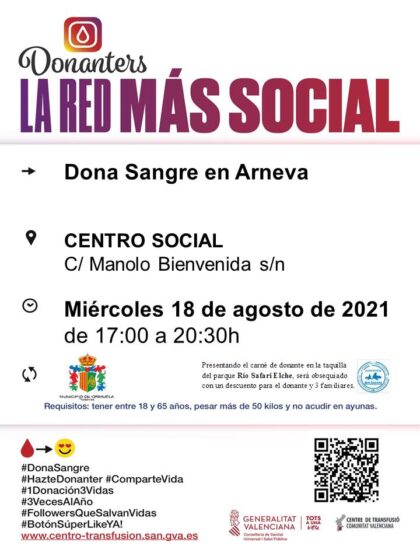 Arneva, Orihuela, evento: Donación de sangre solidaria, organizada por el Centro de Transfusiones de la Comunidad Valenciana