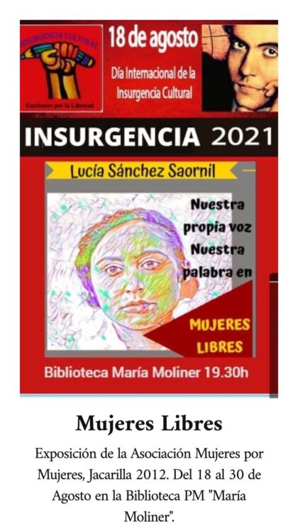 Orihuela, evento cultural: Exposición 'Mujeres libres', con los poemas de Lucía Sánchez Saornil, organizada por 'Mujeres por mujeres', Jacarilla 2021, dentro de la programación cultural 2021 de la Biblioteca Municipal ‘María Moliner’