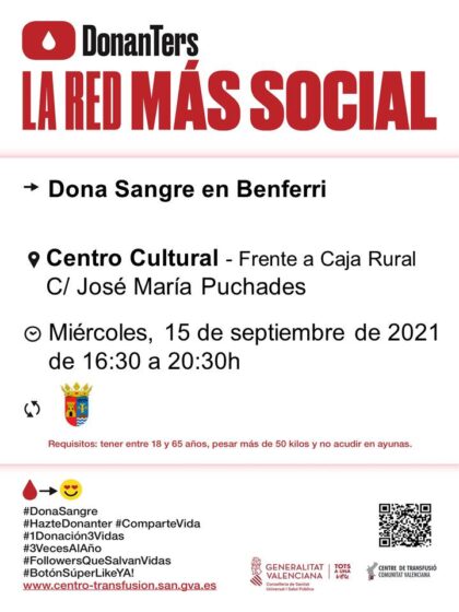 Benferri, evento: Donación de sangre, organizada por el Centro de Transfusiones de la Comunidad Valenciana