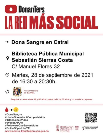 Catral, evento: Donación de sangre, organizada por el Centro de Transfusiones de la Comunidad Valenciana