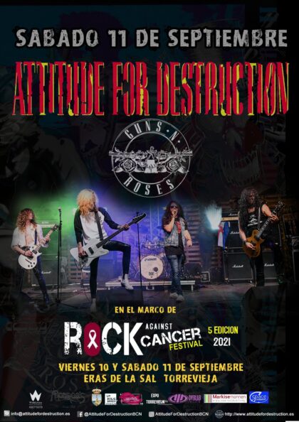 Torrevieja, evento cultural: SUSPENDIDO Concierto solidario tributo a la banda 'Guns N'Roses', por el grupo 'Attitude For Destruction', dentro de la 5ª edición del 'Rock Against Cancer Festival', a beneficio de la Asociación Española Contra el Cáncer (AECC)