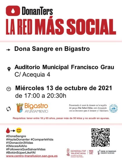 Bigastro, evento: Donación de sangre, organizada por el Centro de Transfusiones de la Comunidad Valenciana