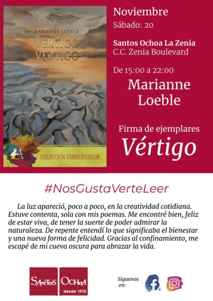 Orihuela Costa, evento cultural: Firma de ejemplares a cargo de la escritora belga Marianne Loeble con su libro 'Vértigo', organizada por la Librería Santos Ochoa