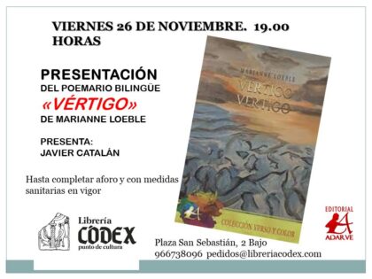 Orihuela, evento cultural: Presentación del poemario bilingüe 'Vértigo', de la escritora belga Marianne Loeble, organizada por Librería Códex