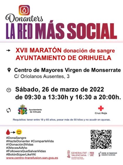 Orihuela, evento: XVII Maratón de donación de sangre, organizada por el Ayuntamiento y el Centro de Transfusiones de la Comunidad Valenciana