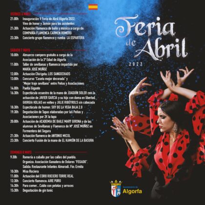 Algorfa, evento cultural: Actuación flamenca de baile y música por 'Compañía flamenca Carmen Romero', dentro de los actos de la V Feria de Abril 2022 organizados por el Ayuntamiento