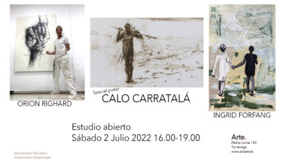 Torrevieja, evento: SIN PRESENCIA DE CALO CARRATALÁ Estudio abierto al público con el artista invitado valenciano Calo Carratalá, organizado por las artistas Ingrid Forfang y Orion Righard