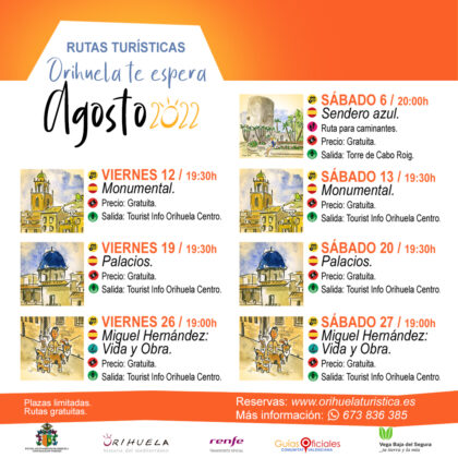 Orihuela, evento: Inscripción para las rutas turísticas de agosto 2022 'Orihuela te espera', organizadas por la Concejalía de Turismo