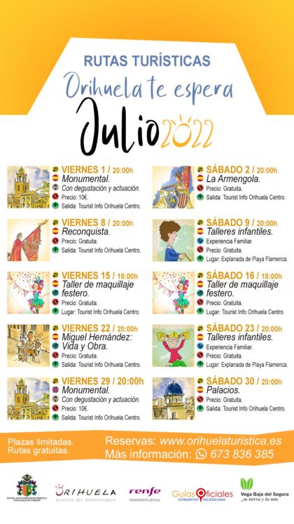 Orihuela, evento: Ruta turística 'Monumental' con degustación y actuación, dentro de las rutas turísticas y talleres infantiles de julio 2022 'Orihuela te espera' organizadas por la Concejalía de Turismo