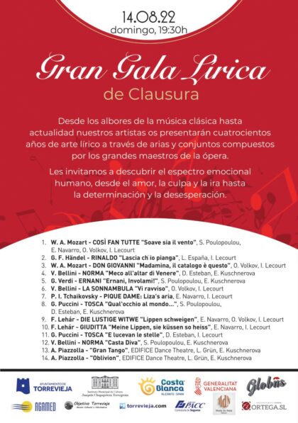 Torrevieja, evento cultural: Concierto especial de clausura 'Gala Lírica' con todos los artistas del festival, dentro del III Sol Music Festival organizado por el centro Globus