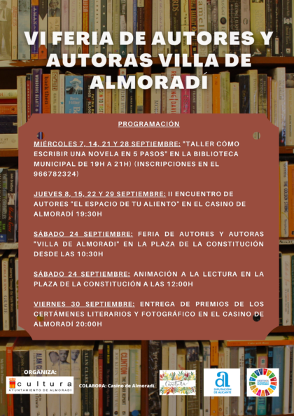 Almoradí, evento cultural: VI Feria de Autores y Autoras 'Villa de Almoradí' para visitar puestos de libros de casi una treintena de escritores de la Vega Baja, organizada por la Concejalía de Cultura