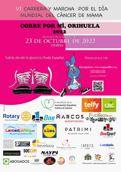 Orihuela, evento: Inscripción para la VI Carrera y Marcha Solidaria por el Día Mundial del Cáncer de Mama 'Corre por mí, Orihuela' y a beneficio de la Asociación Española Contra el Cáncer (AECC), organizada por la Concejalía de Deportes