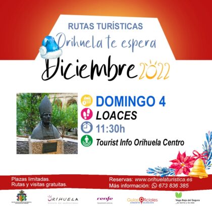 Orihuela, evento: Reservas para las rutas turísticas de diciembre 2022 'Orihuela te espera', organizadas por la Concejalía de Turismo