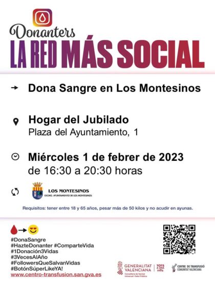 Los Montesinos, evento: Donación de sangre, organizada por el Centro de Transfusiones de la Comunidad Valenciana