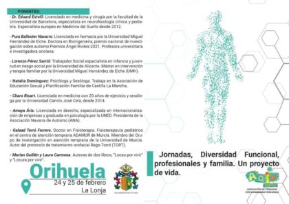 Las I Jornadas de Diversidad Funcional reunirán a profesionales y familia el 24 y 25 de febrero en Orihuela