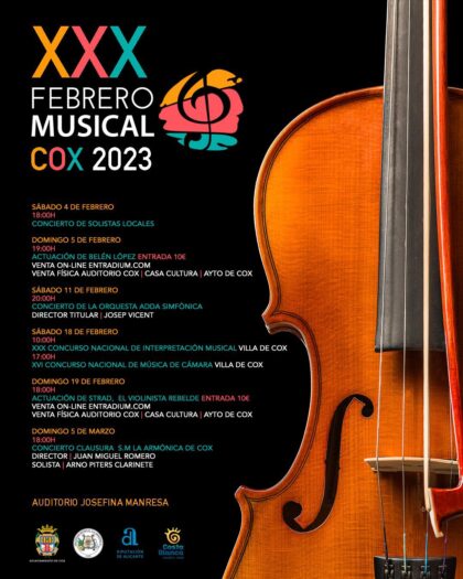 Cox, evento cultural: XVI Concurso Nacional de Música de Cámara 'Villa de Cox', dentro del XXX Febrero Musical organizado por la Concejalía de Cultura