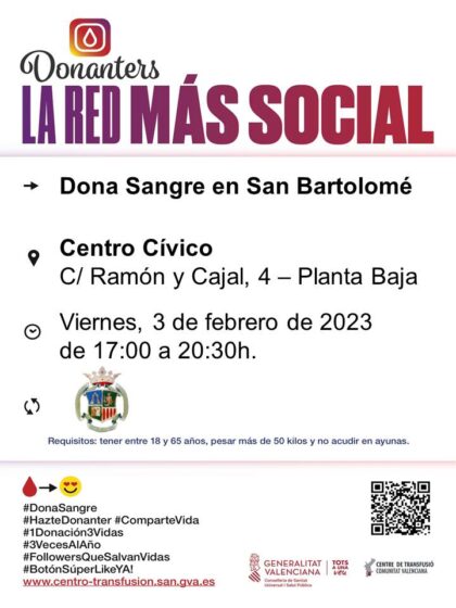 San Bartolomé de Orihuela, evento: Donación de sangre, organizada por el Centro de Transfusiones de la Comunidad Valenciana