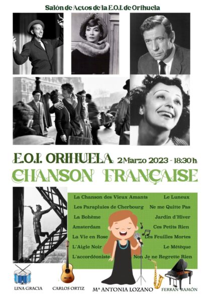 Orihuela, evento cultural: Concierto de música en francés 'Chanson francaise', organizado por la Escuela Oficial de Idiomas de Orihuela (EOI)
