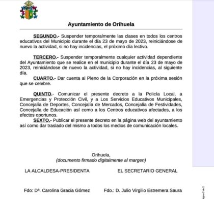 El Ayuntamiento de Orihuela suspende para mañana actividades en instalaciones deportivas y culturales y clases en centros educativos por fuertes lluvias y tormentas de aviso naranja